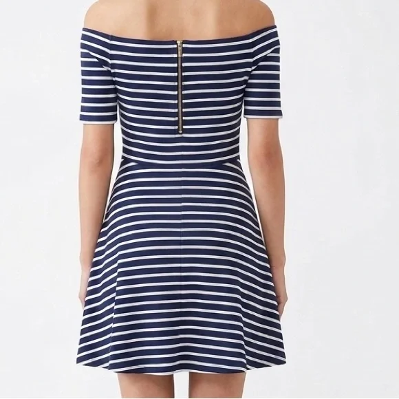 White House Black Market Striped Off-the-Shoulder Fit & Flare Dress